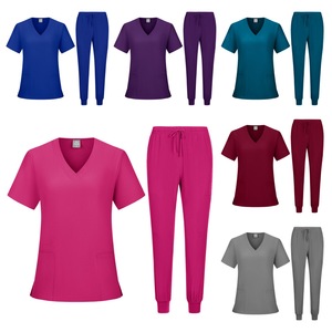 Women's Scrub Set V-Neck Top And Pants Polyester Knitted Hospital Clinic Uniforms For Nurses Dental Care Workers - Product Image 1