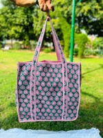 Tas tangan wanita bermotif blok India tas Tote besar katun berlapis hadiah perjalanan hadiah Natal untuk dia kembali ke tas sekolah