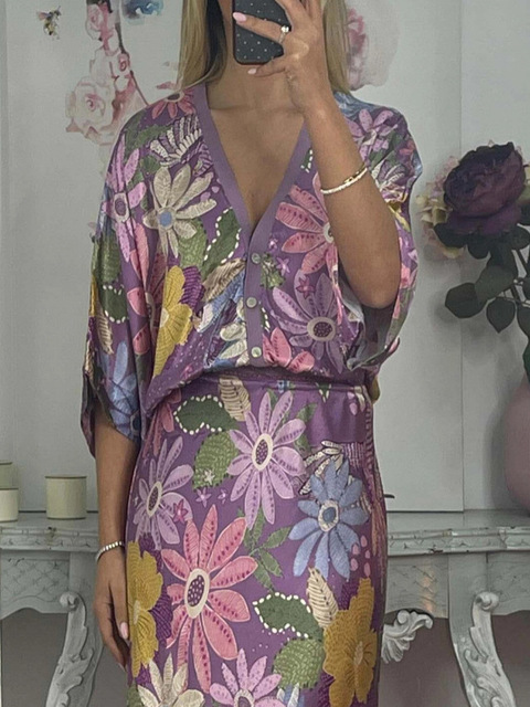 Women's Satin Printed Short-Sleeve V-Neck Top and Wrap Skirt Casual 2-Piece Set OuYaan