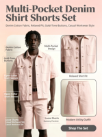 Setelan Kemeja Denim Lengan Pendek Multi-Saku Warna Pink Muda Pria 2026, Celana Pendek, Fit Longgar, Kancing Warna Emas, Cepat Kering, Kasual