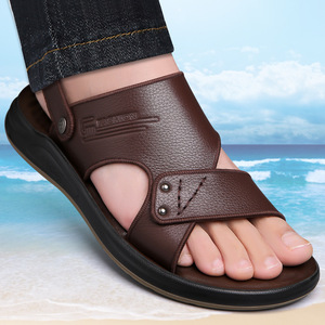 Sandales pour hommes à lanières croisées, première couche de cuir de vachette, semelle extérieure en caoutchouc antidérapante, chaussures de plage décontractées, bout ouvert, fermeture à boucle - Product Image 1