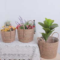 Panier de rangement en corde de paille tressée à la main avec poignées tressées, panier décoratif tissé pour plantes, linge et maison