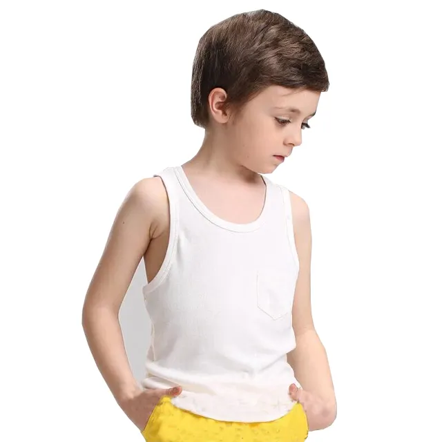 Camiseta de algodón 100% de estilo informal para niños Camiseta sin mangas con logotipo personalizado Patrón sólido para niños de 14 años
