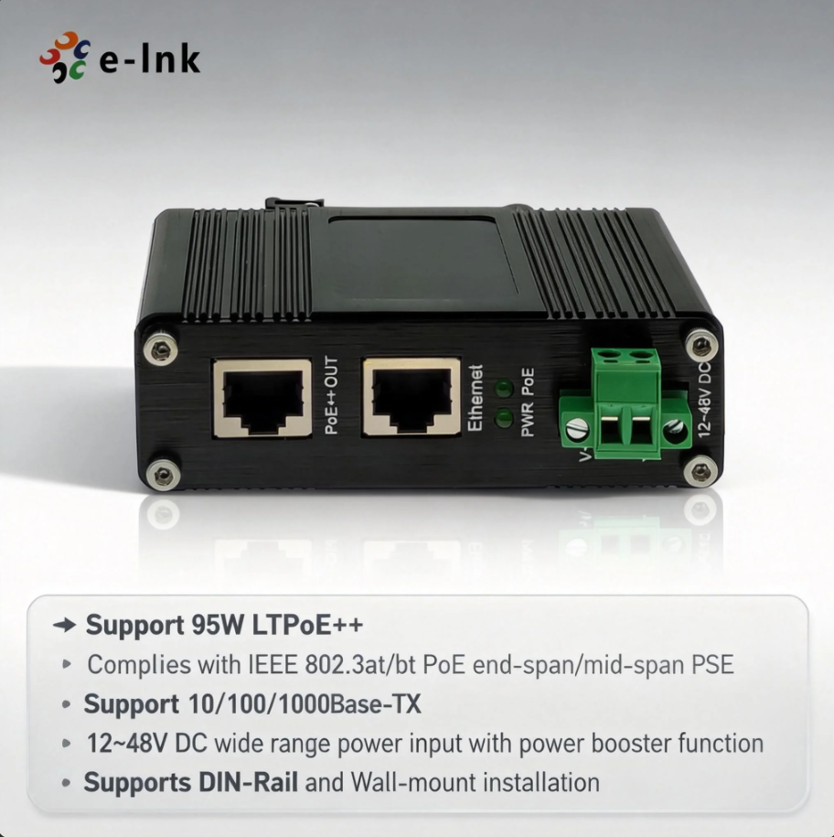 Gigabit Industrial PoE Injector High Power 802.3bt PoE Injector for Industrial Applications -40&deg;C to 80&deg;C