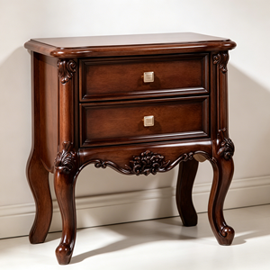 New Arrival Ornate Floral Carved Cabriole Leg Two <b>Drawer</b> Solid Wood Nightstand for American Bedroom - Product Image 6
