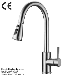 Grifo de cocina extraíble de acero inoxidable y níquel cepillado de diseño moderno con grifo mezclador de fregadero de cuello largo de 2 botones, núcleo de válvula de cerámica - Product Image 1