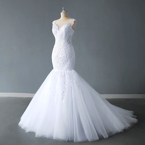 Bridal <b>Lace</b> Floral Wedding Dress V-neck Mermaid Silhouette <b>White</b> Polyester Fiber Dress - Product Image 3