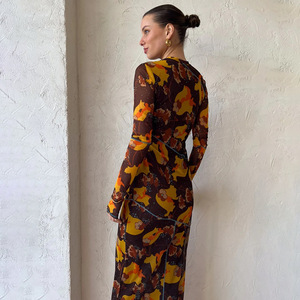 Vestido Transparente Estampado Estilo Europeo Americano para Mujer, Manga Larga, Cuello Alto, Abertura Lateral, Falda Maxi, Vestido de Noche Elegante - Product Image 3