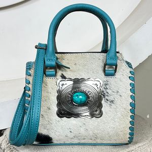 Premium Hair On Cowhide <b>Genuine</b> Leather Small Speedy Duffel Bags Luxury Turquoise Stone Concho Crossbody Handbags For Unisex - Product Image 4