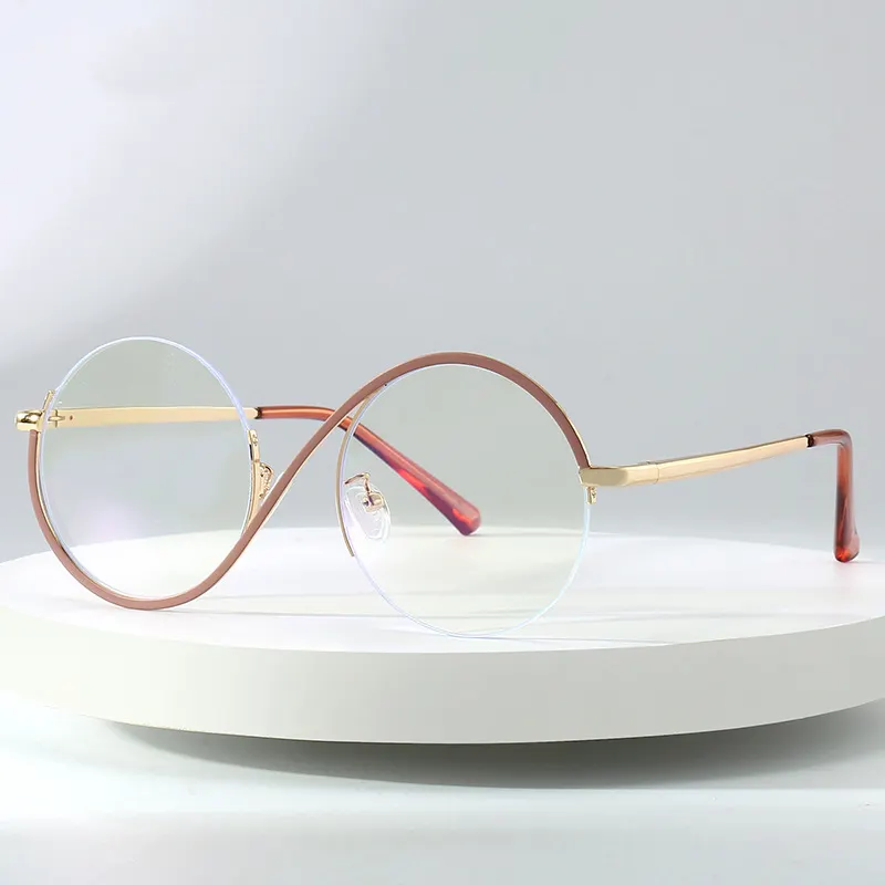 Wholesale Fashion Trend Metal Half Frame Optical Anti Blue Light Glasses Frame Ladies Round Glasses 2022