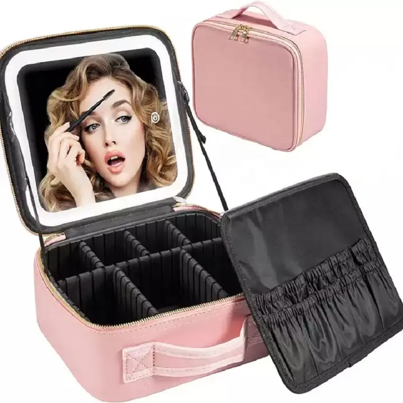 Bolsa de cosméticos LED com espelho estojo de cosméticos grande capacidade bolsa de armazenamento portátil rosa fashion para maquiagem de viagem