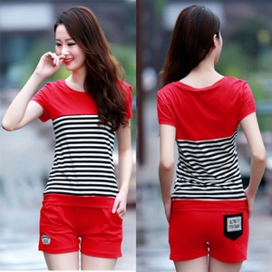 Women's Casual Shorts Set Striped Two-Piece Gray Sportswear Summer Wear - Product Image 2