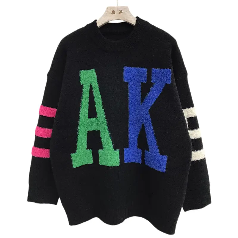 Odm/Oem Women Sweater Customized Latest Design Ladies Knitwear Loose Letter Jacquard Plus Size
