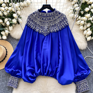 Blouse Woman High-End Style Heavy Industry Nailed Bead <strong>Glitter</strong> Loose Slimming Satin <strong>Top</strong> Woman Blouses for <strong>Lady</strong> - Product Image 5