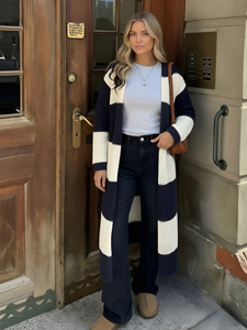 Quality Black White Striped <strong>Longline</strong> Cardigan for Daily Travel for Office Wear Trendy Open Front Knitted Outwear <strong>Jumper</strong> - Product Image 4