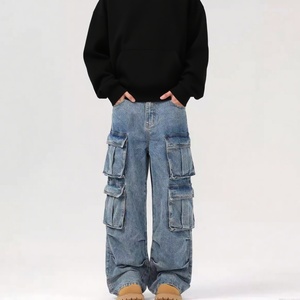 กางเกงยีนส์คาร์โก้ทรงขาบาน สไตล์ฮิปฮอป สีฟ้าอ่อน สำหรับผู้ชาย ผ้าเดนิม ระบายอากาศได้ดี ซักได้ สั่งผลิตได้จำนวนน้อย - Product Image 1