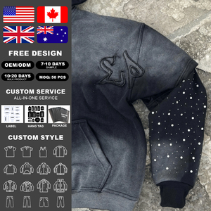 Custom Distress Applique Patch Rhinestone Pullover Acid Washed Vintage Sun Faded Layered Sleeve Hoodie for Men - Product Image 2