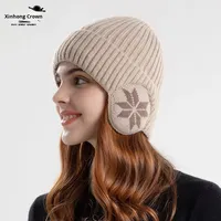 Bonnet de cyclisme chaud d'hiver, doublure en peluche épaisse, bonnet tricoté côtelé pour le ski avec cache-oreilles