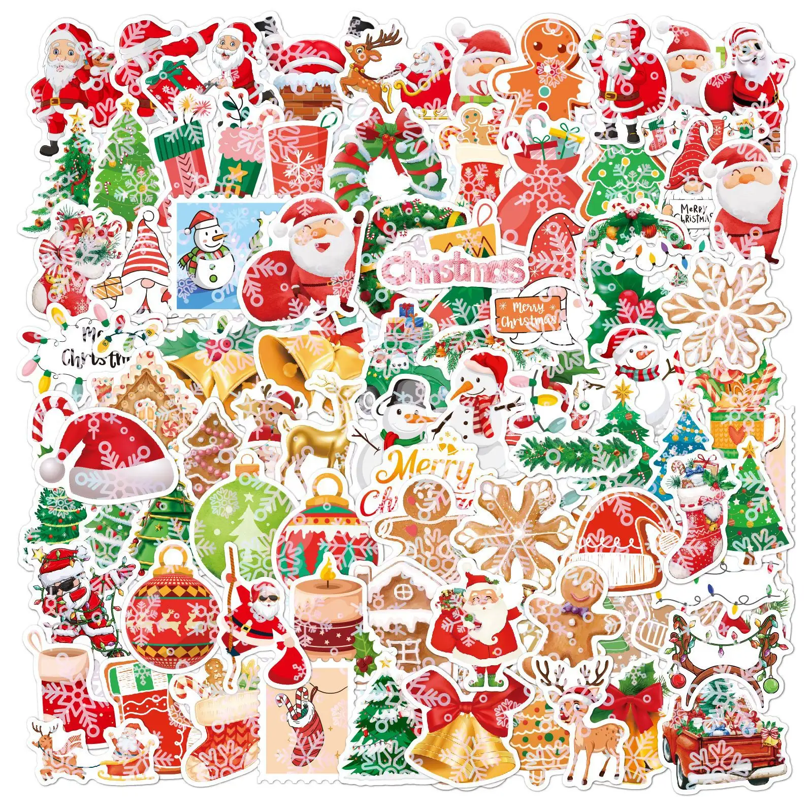 100pcs Holographic Christmas Stickers Laptop Gift Cute Anime Cartoon Decoration Stickers Santa Claus Glitter Sticker Custom