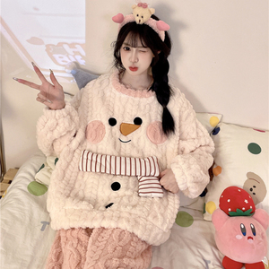 2025 Otoño Invierno nuevo 280g Coral polar pijamas mujeres lindo dibujos animados cuello redondo franela engrosada ropa de casa - Product Image 6