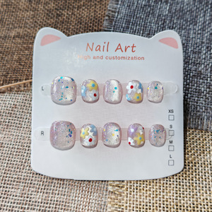 Uñas postizas cortas cuadradas para niños, uñas postizas con purpurina rosa y lazo blanco en 3D, pegatinas reutilizables para decoración de uñas para niñas, regalo. - Product Image 4