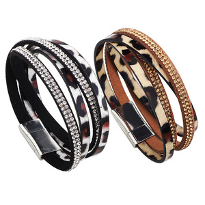 Leopard Print Rhinestone Double <b>Bracelet</b> <b>Leather</b> Jewelry Magnetic Clasp Gift Fashion <b>Bracelet</b> - Product Image 3