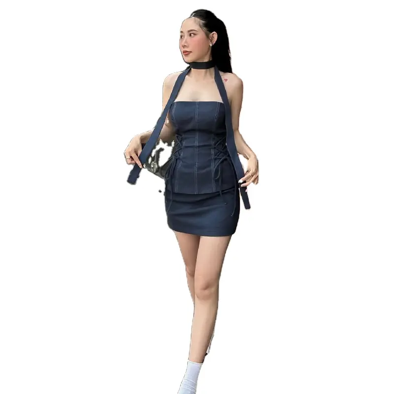 Bujiadi Girls Denim Suit Fashion Neck Strap+Off Shoulder Bandage Slim Tank Top+High Waist Mini Skirt 2 Piece Set Women Clothing