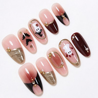 Lot de 30 faux ongles 3D courts en amande à presser, motif perle fantôme, pointes françaises plaquées or, art des ongles artisanal pour Halloween