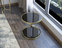Table basse ronde à double niveau, petite et moderne, en métal doré avec plateau en verre trempé noir pour salon, meubles de luxe