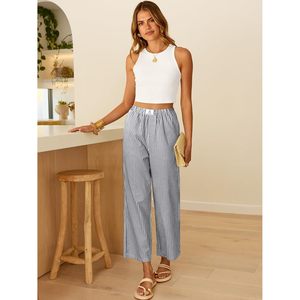 Pantalones Palazzo a Rayas para Mujer FOXA, Cintura Alta, Pierna Ancha, Corte Recortado, con Bolsillos, Transpirables, Casuales, para Descansar - Product Image 6