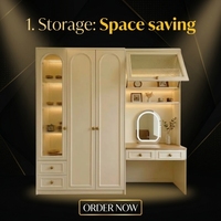 ARET Armoire-coiffeuse combinée de style français traditionnel, avec portes cintrées et verre cannelé, gain de place, écologique, pour chambre à coucher, personnalisable