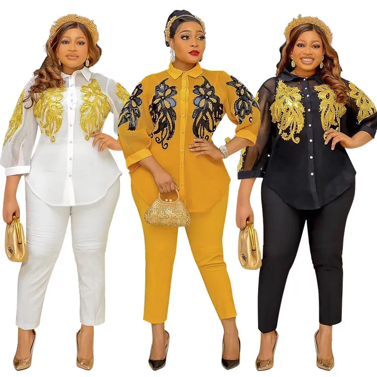 New Fashion African Women Clothing Plus Size Blouse Trousers Embroidered Elegant Casual Mesh Top And Pants Suits Three Piece Set