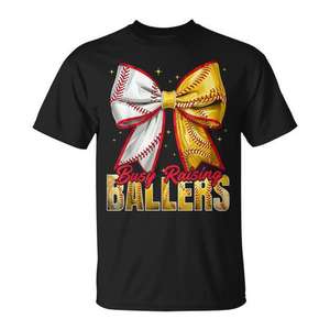 Busy Raising Ballers Softball Bow T-Shirt Vêtements pour le jour du match - Product Image 1