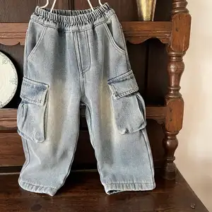 2023 Winter Baby Peuter Jongen Gewassen Blauwe Dikke Cargo Jeans 1-7 Jaar