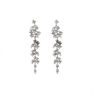 Boucles d'oreilles en cristal plaqué or pour femmes, boucles d'oreilles de luxe en forme de plante pour mariage, E2290 - Product Image 1