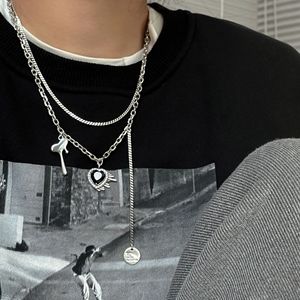 S925 Silver Double Layer Necklace <b>Heart</b> <b>Black</b> Onyx Pendant Sweater Chain Women Fashion Jewelry - Product Image 3
