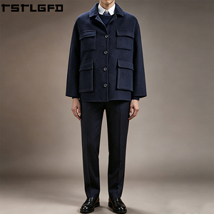 Manteau en mélange de laine personnalisé pour homme, bleu marine, col ouvert, quatre poches, coupe-vent, streetwear, vêtements d'extérieur, fabricants en gros - Product Image 1