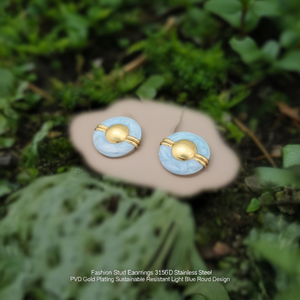 Fashion <b>Stud</b> <b>Earrings</b> 316L Stainless Steel PVD Gold Plating Sustainable Resistant Light <b>Blue</b> Round Design - Product Image 3
