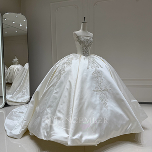 Xx81 Luxury Modern Ivory Strapless Satin <b>Ball</b> <b>Gown</b> Quinceanera Dress Beaded Crystal Applique Bridal Wedding Prom Chapel Train - Product Image 4