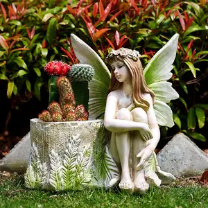 Venta al por mayor los ángeles resina estatua-Estatua de hada con maceta de flores para niña, estatua de resina pintada a mano para jardín, figuritas de hadas, navidad