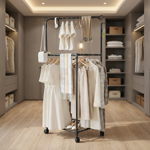 Minimalist Double Tier Clothing <b>Rack</b> With Wheels Metal Storage Holder For Living Room Multifunctional Standing Type - Product Image 5