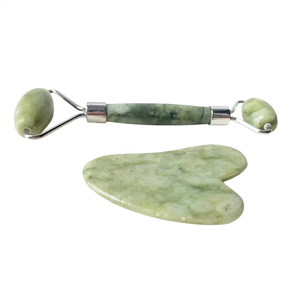 Hot Face Product Crystal Crafts Green Jade Xiu Yan Roller & Gua Sha Set with custom logo