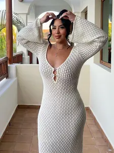 Women See Through Knit Long Dress Long Sleeve Crochet Maxi Bodycon Dress Backless Beach Bikini Cover Up Dresses