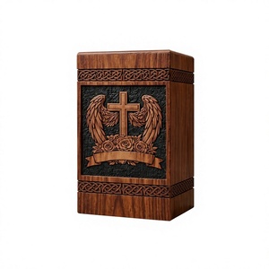 Urne funéraire en bois sculptée avec motif ange, croix et rose, boîte à souvenirs pour exposition sur le cimetière - Product Image 1