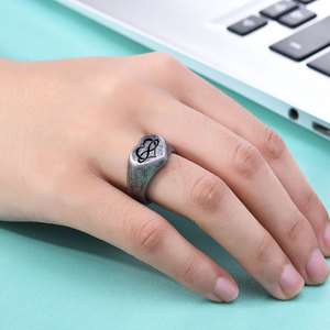 Heart Shaped Stainless Steel <b>Ring</b> 12mm Unisex <b>Couple</b> Jewelry Gift Black Engraved Design - Product Image 2