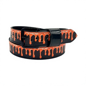 Cinturón de Béisbol de Cuero Vacuno para Halloween, Diseño Casual con Efecto de Goteo Naranja, Hebilla de Doble Punta Plateada, Diseño 3D, Duradero, 42 Pulgadas - Product Image 1