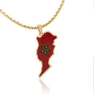 New Fashion Stainless Steel Necklace Jewelry Gold Moroccan Map Pendant Necklace Geometric Cross Gold Plated Red Chain