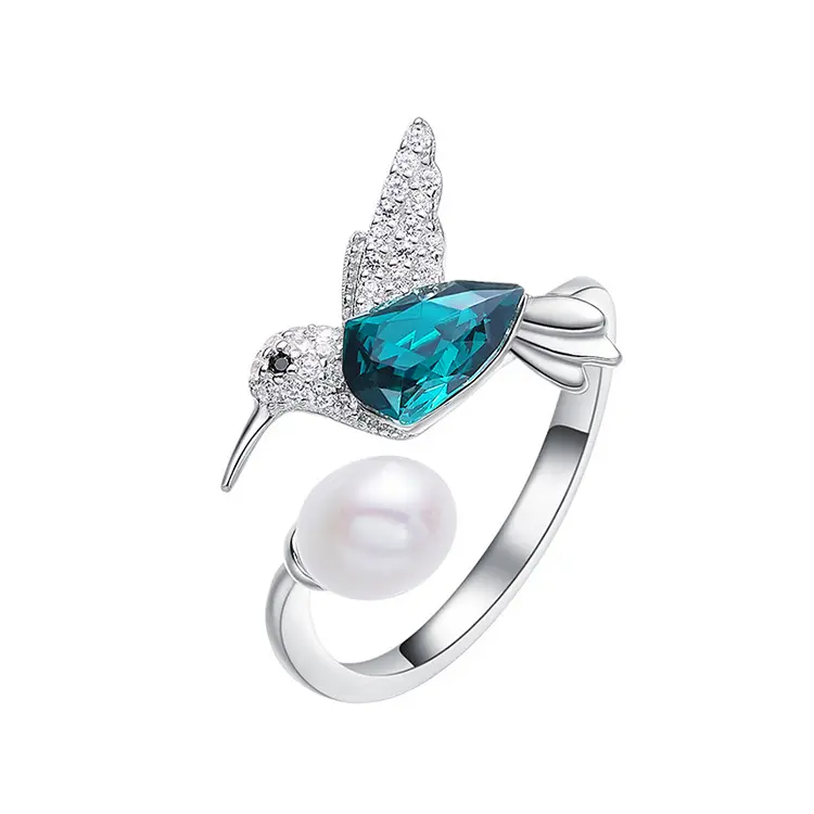 Silver Rings 925 925 Sterling Silver Luxury White Pearl Shiny Blue Austria Crystal Bird Engagement Rings