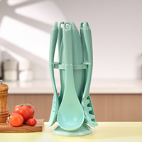 Ensemble de 6 ustensiles de cuisine en silicone intégrés à suspendre, rose crème, avec support vertical peu encombrant, spatule et cuillère antiadhésives