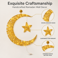 Guirlande lumineuse LED dorée à paillettes en fil de fer, motif lune et étoile, avec boîte à piles, lumière chaude, durable pour usage intérieur, pour Ramadan et Aïd